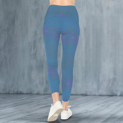 High Waist Pockets Yoga Leggings Blue Watercolor