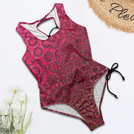 Tie Back Lace Up One Piece Swimsuit Red Leaves Abstract