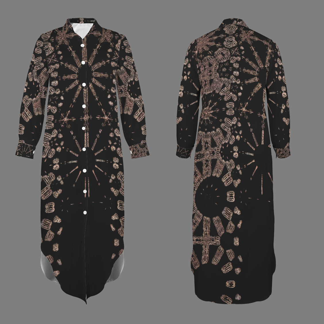 Long Sleeve Shirt Dress Black and Copper Graphic