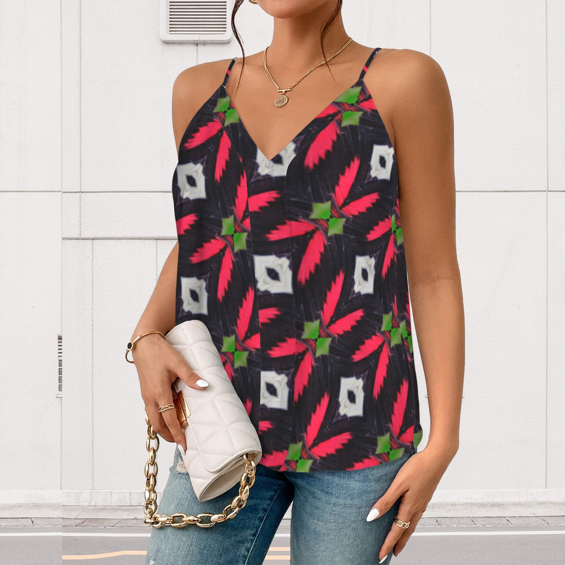 V Neck Cami Red and Black Butterfly