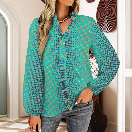 Long Sleeve V Neck Ruffle Blouse Peacock Turquoise Ombre