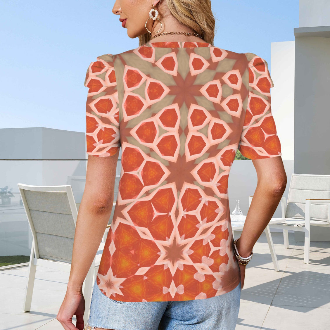 Puff Sleeve T-Shirt Coral and Taupe Geometric