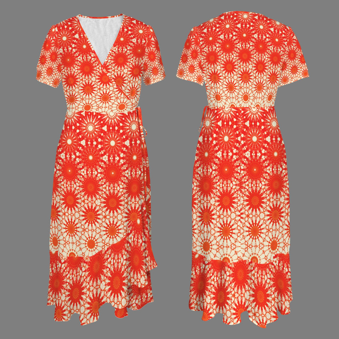 V Neck Wrap Maxi Dress Red Orange Starburst