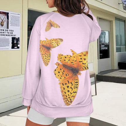 Crew Neck Long Sleeve Side Zip Sweatshirt Butterfly