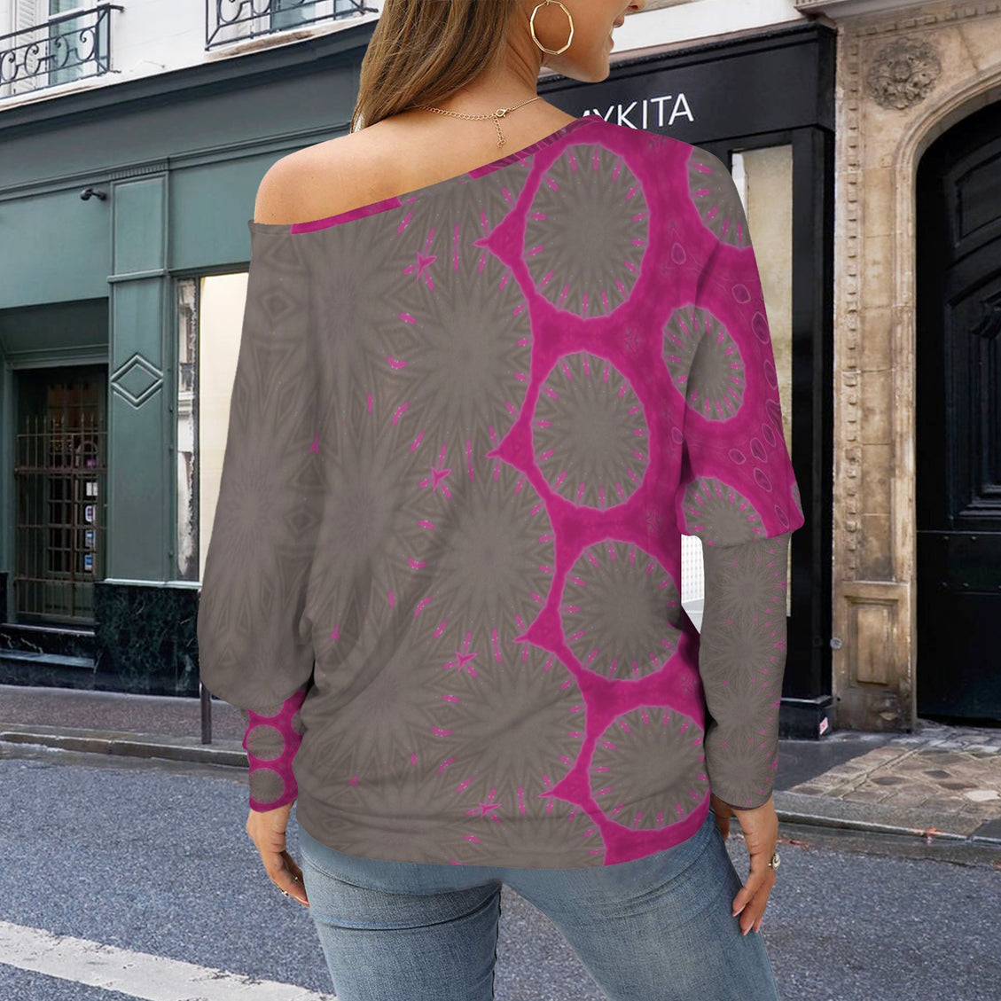 Batwing Long Sleeve Top Gray Pink