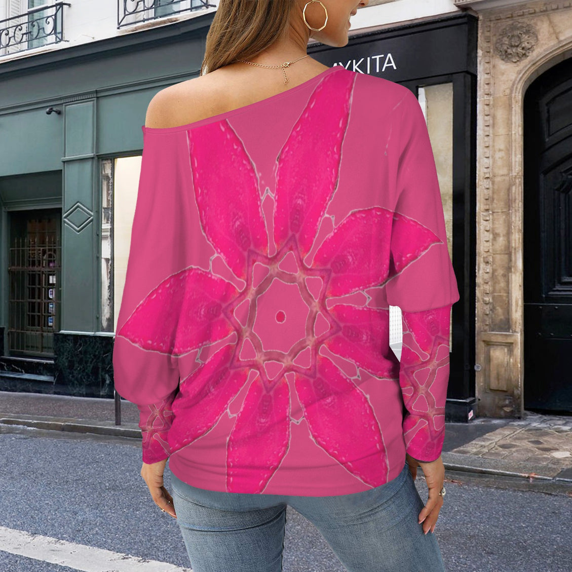 Batwing Long Sleeve Top Pink Leaves