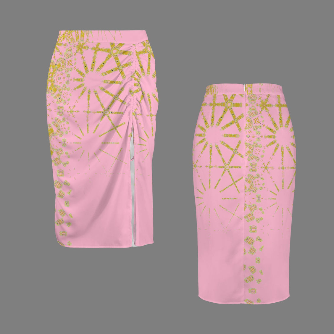 Drawstring Ruched Skirt Pink and Gold Graphic