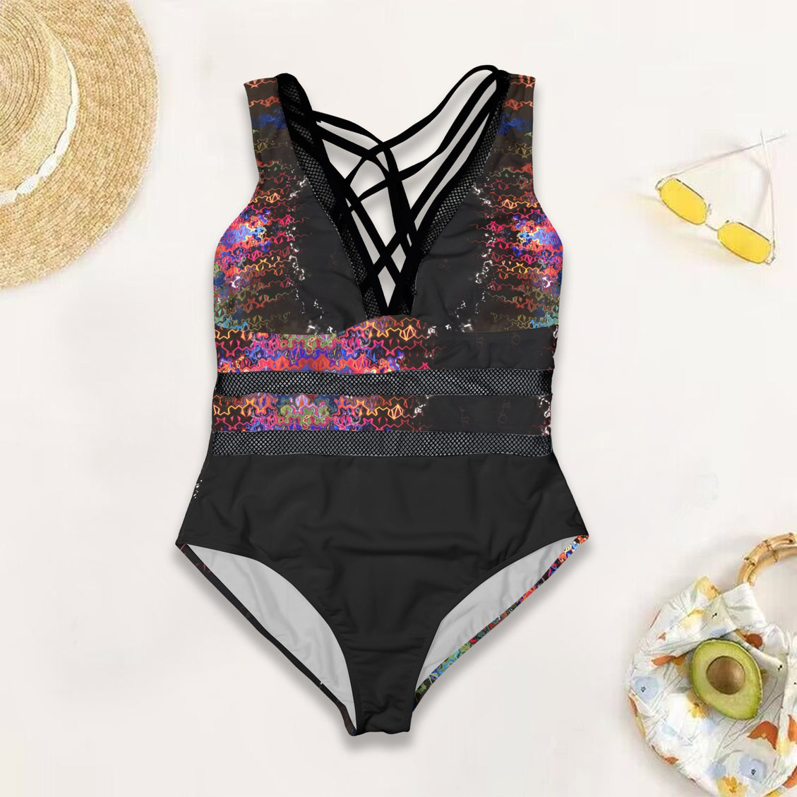 V Neck Mesh One Piece Swimsuit Glass Multi Black Bottom