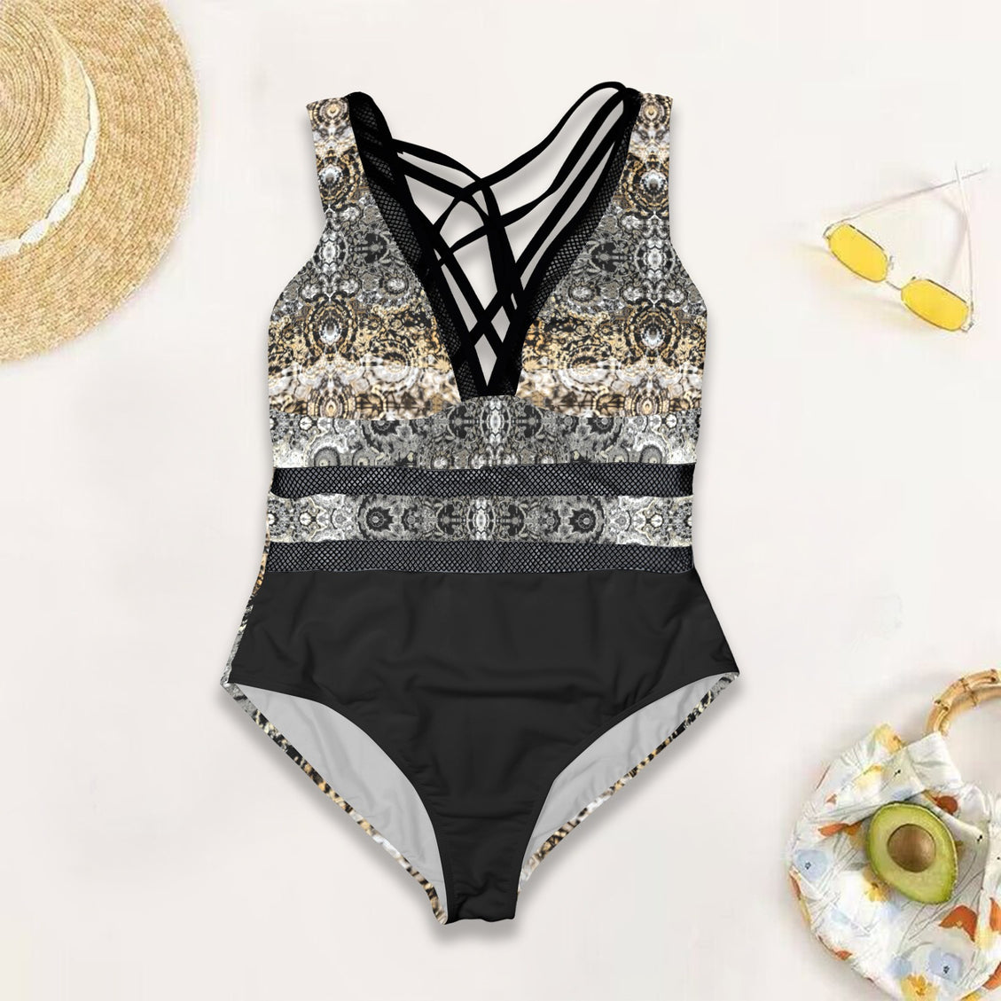 V Neck Mesh One Piece Swimsuit Shimmering Feathers Black