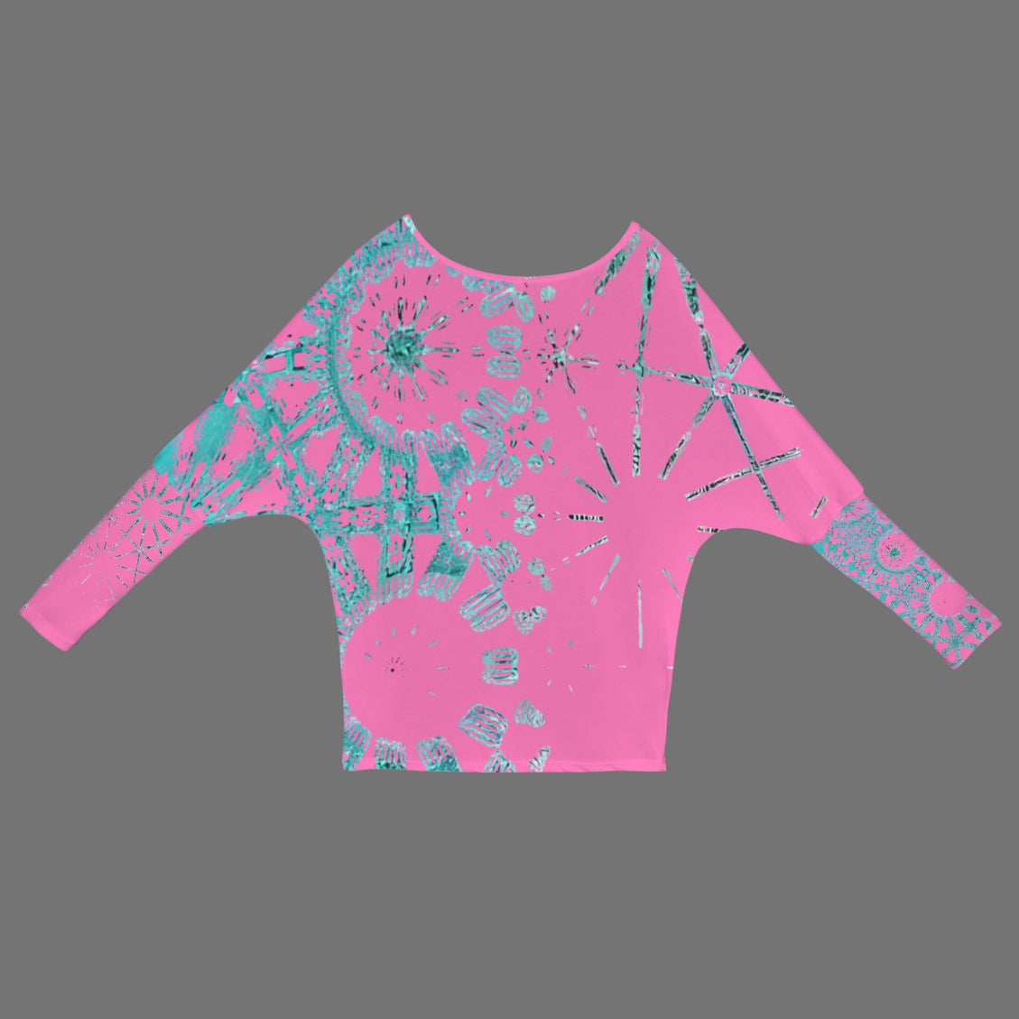 Batwing Long Sleeve Top Pink and Turquoise Graphic