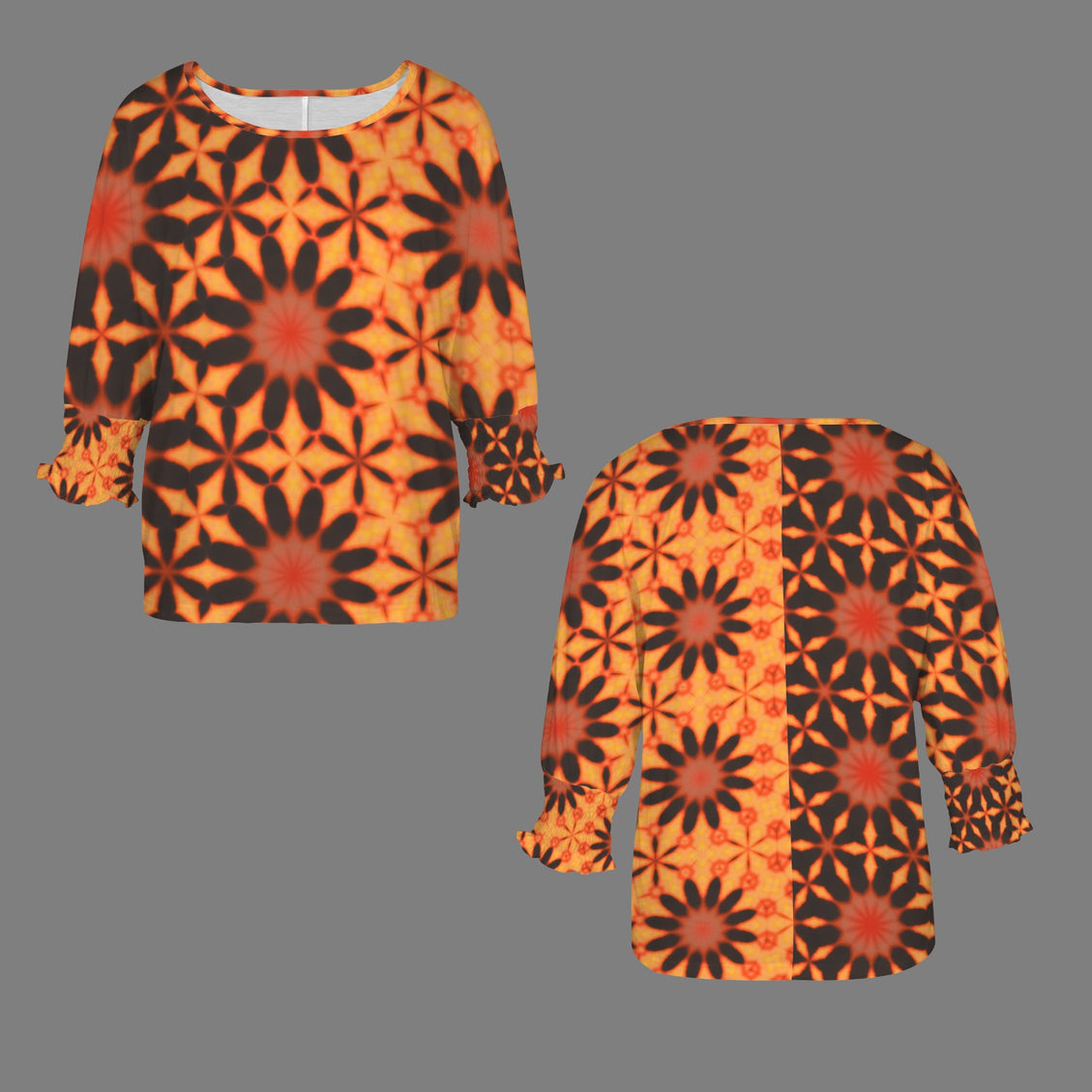 Crew Neck Pleated Sleeve T-Shirt Orange Geometric