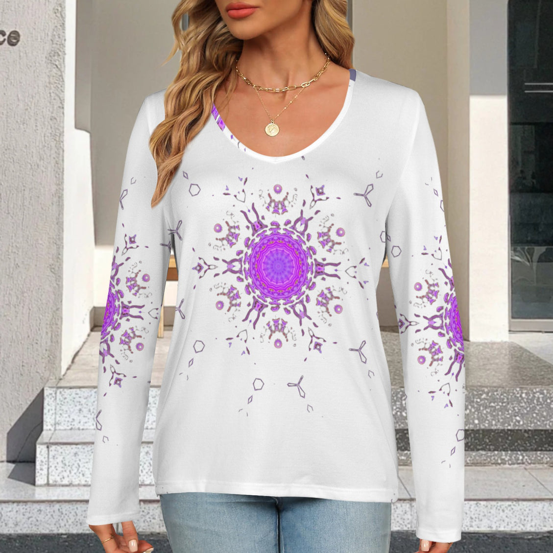 Long Sleeve V Neck Top Bergamot Medallion II