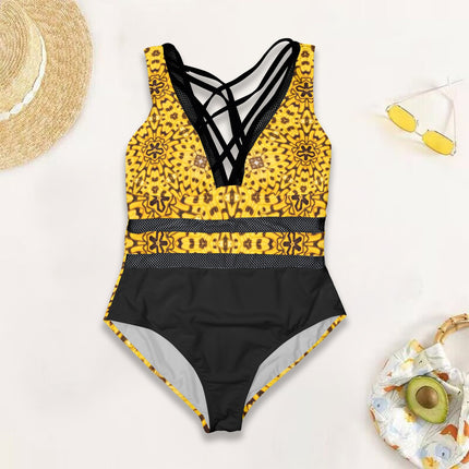 V Neck Mesh One Piece Swimsuit Butterfly Black