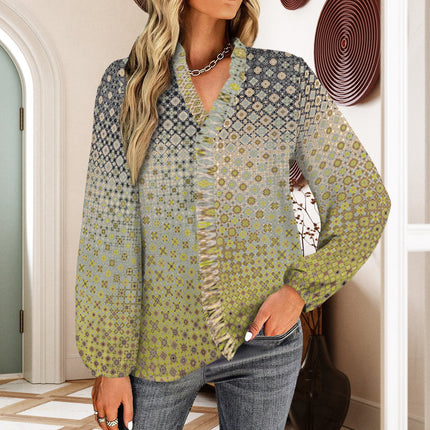 Long Sleeve Ruffled Blouse Shattered Windshield Gold and Green Ombre