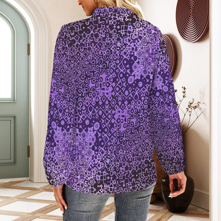 Long Sleeve V Neck Ruffled Blouse Purple and Black Abstract