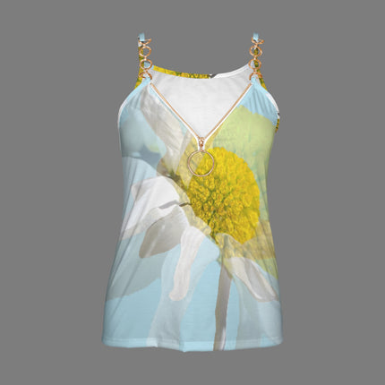 V Neck Chain Cami Daisy Watercolor Blue