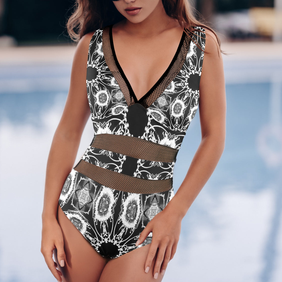 V Neck Mesh One Piece Swimsuit Frosty Reeds Black and White