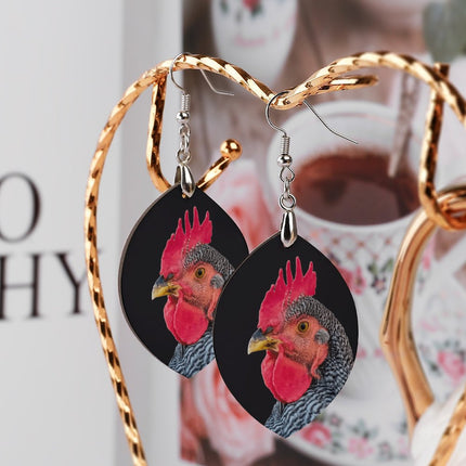 Wooden Oval Earrings Chicken