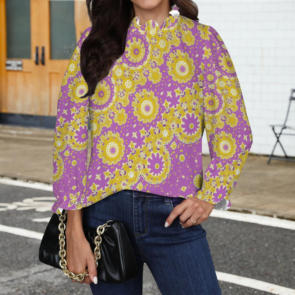 Ruffled Long Sleeve Mock Neck Blouse Purple and Gold