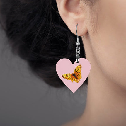 Wooden Heart Earrings Butterfly Pink