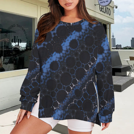 Crew Neck Long Sleeve Side Zip Sweatshirt Black and Blue Graphic