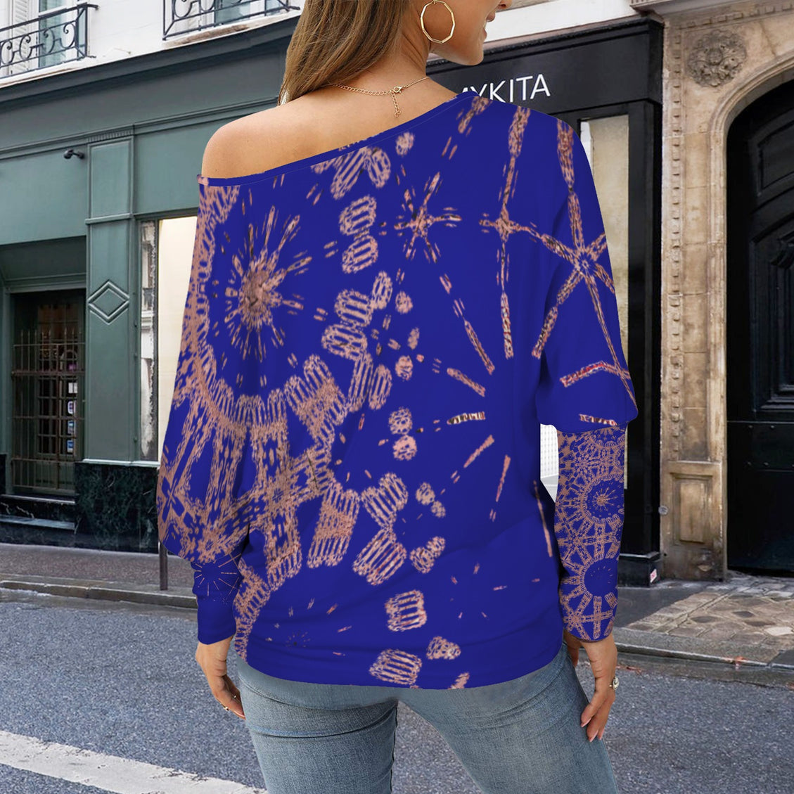 Batwing Sleeve Top Indigo and Rose Gold Graphic