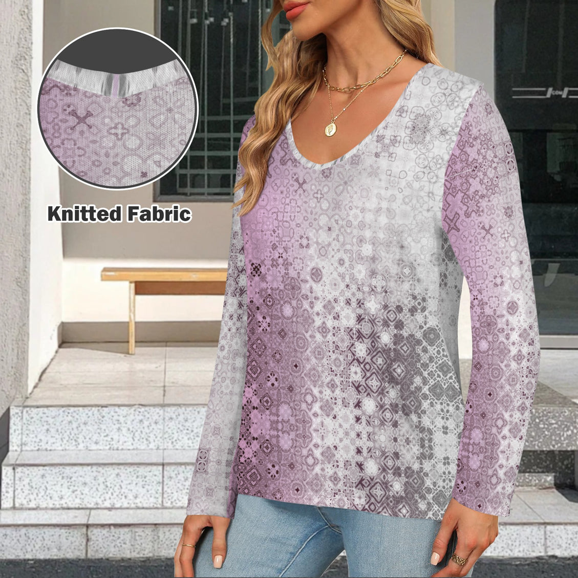 V Neck Long Sleeve Sweater Pink Glass Ombre