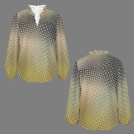 V Neck Pleated Long Sleeve Blouse Shattered Windshield Gold Green Gray Ombre