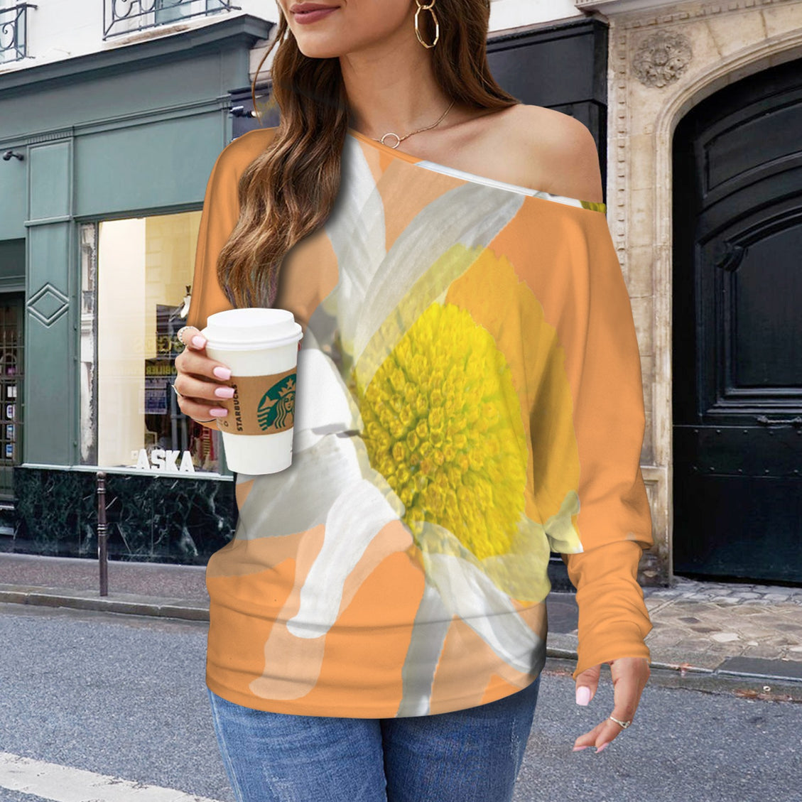 Batwing Long Sleeve Sweater Daisy Watercolor Tangerine