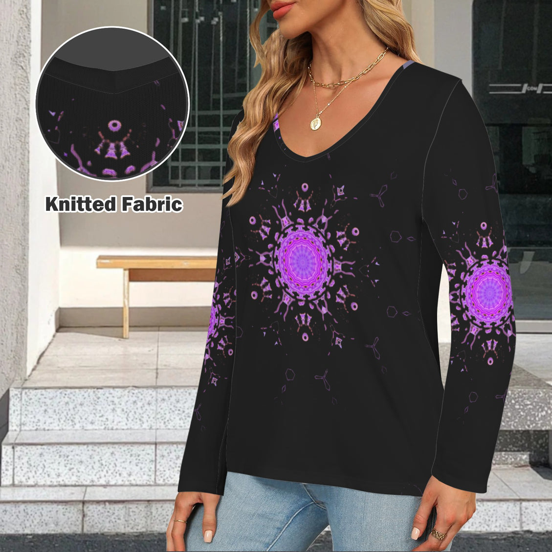 Long Sleeve V Neck Top Black Bergamot Medallion II