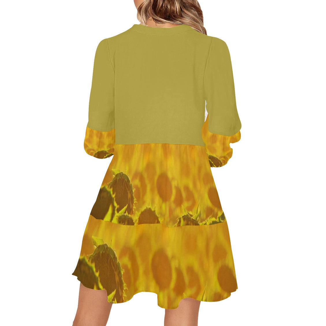 V Neck Flowy Dress Golden Sunflowers Chartreuse