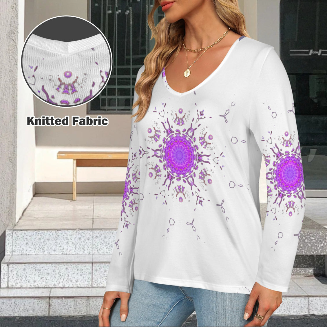 Long Sleeve V Neck Top Bergamot Medallion II