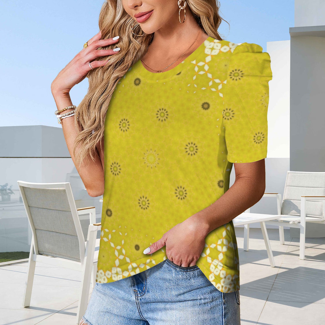 Puff Sleeve T-Shirt Chartreuse Fall Leaves