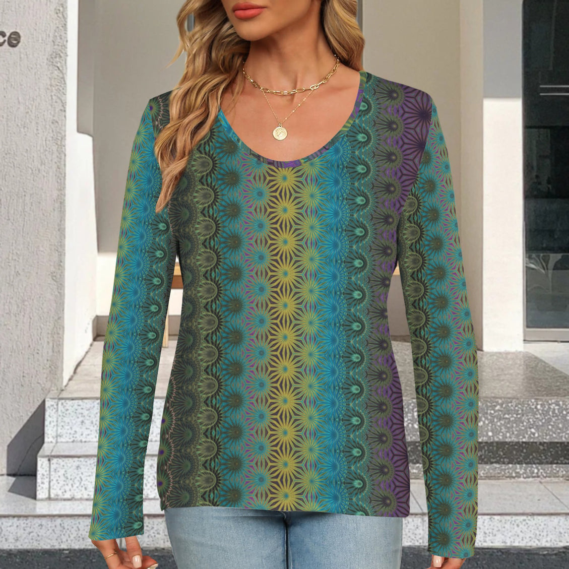 V Neck Long Sleeve Sweater Peacock