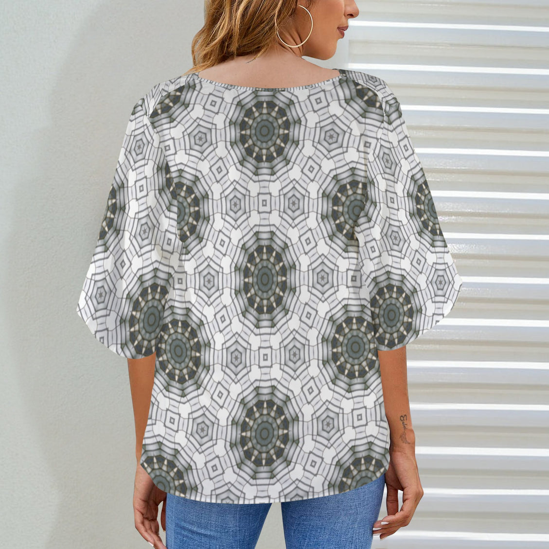 Draped Neck Blouse Carnival Tile Green and Gray