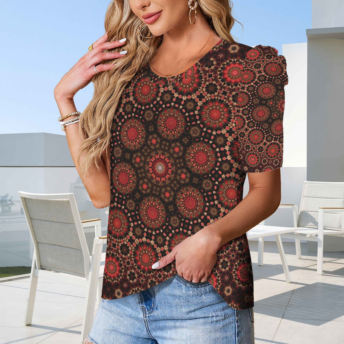 Puff Sleeve T-Shirt Fall Leaves Red and Black