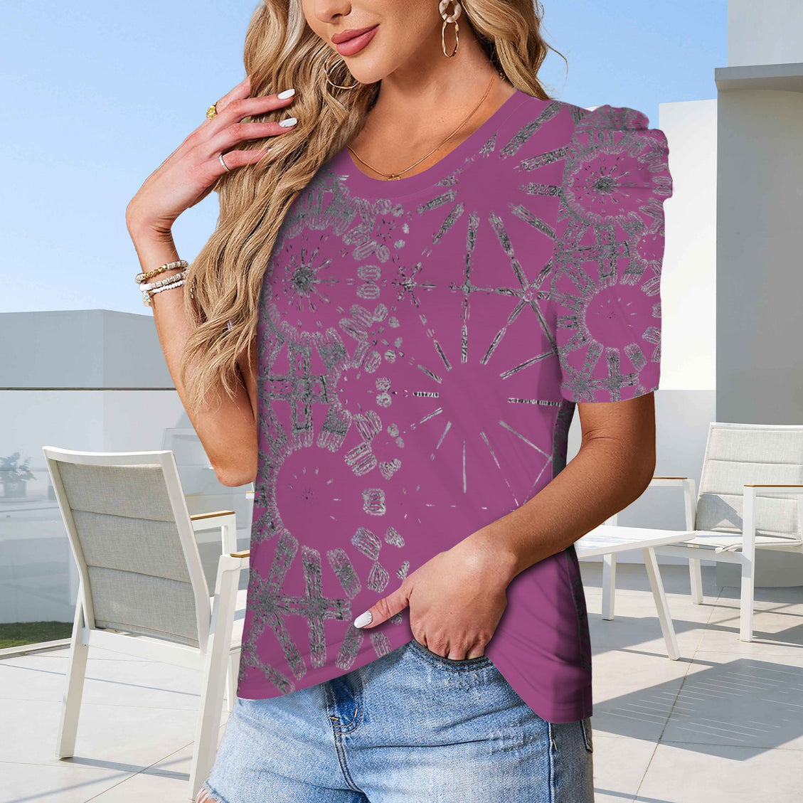 Puff Sleeve T-Shirt Cranberry and Silver Metallic Graphic