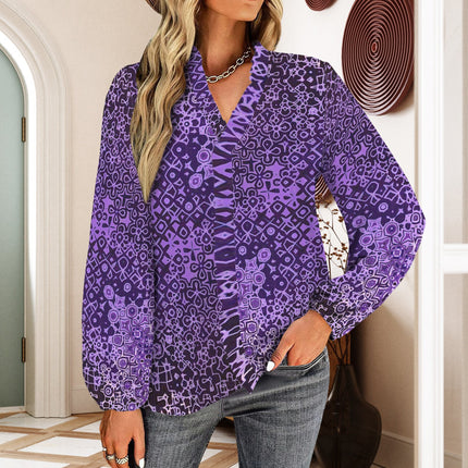 Long Sleeve V Neck Ruffled Blouse Purple and Black Abstract