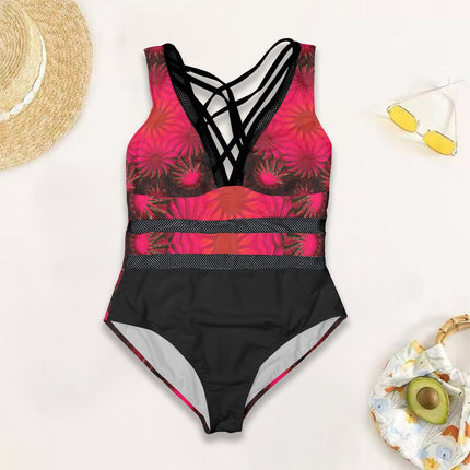 V Neck Mesh One Piece Swimsuit Fuchsia Medallion Black Bottom