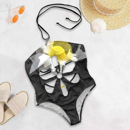 Flower Cut Out One Piece Swimsuit Daisy Watercolor Black