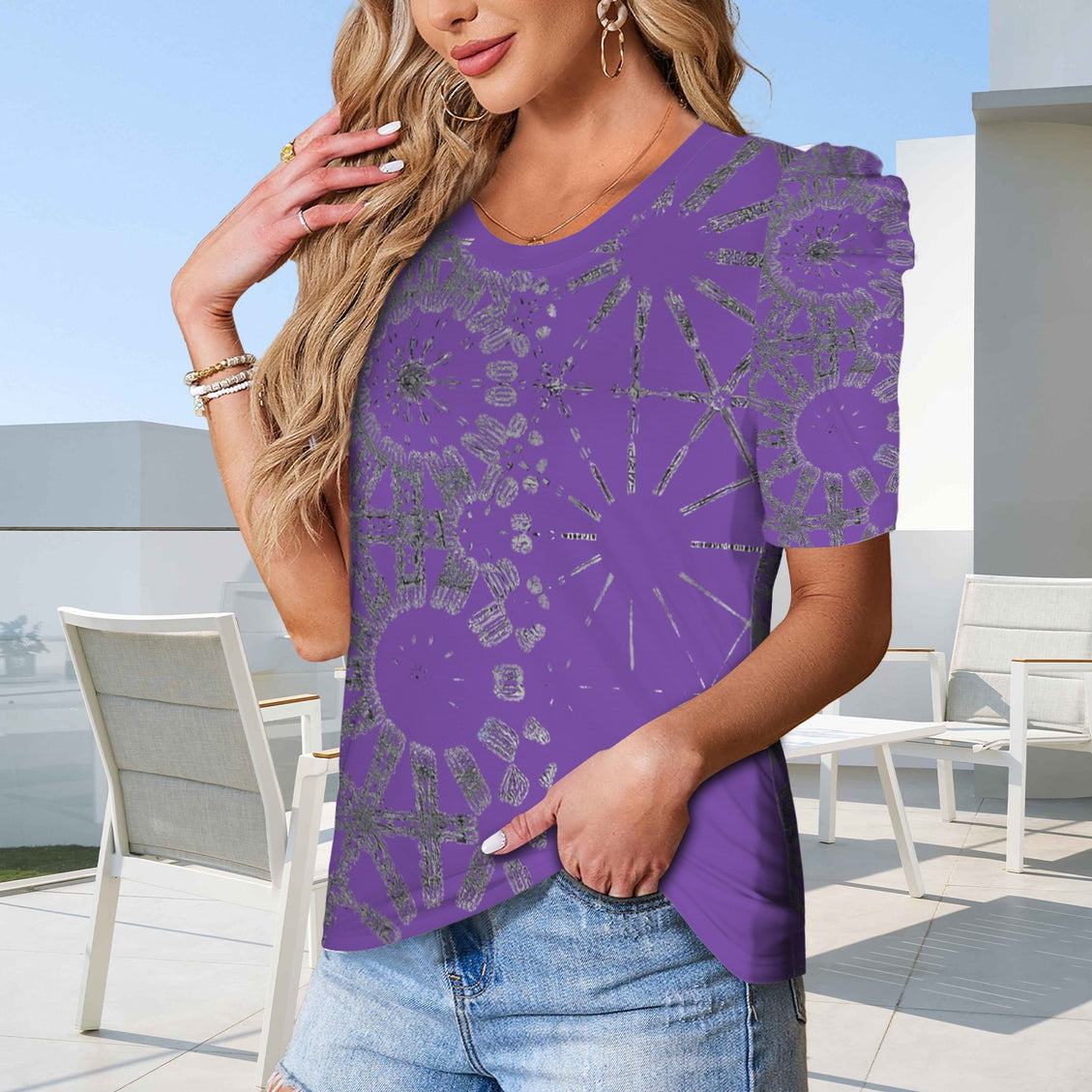 Puff Sleeve T-Shirt Purple and Silver Metallic Graphic