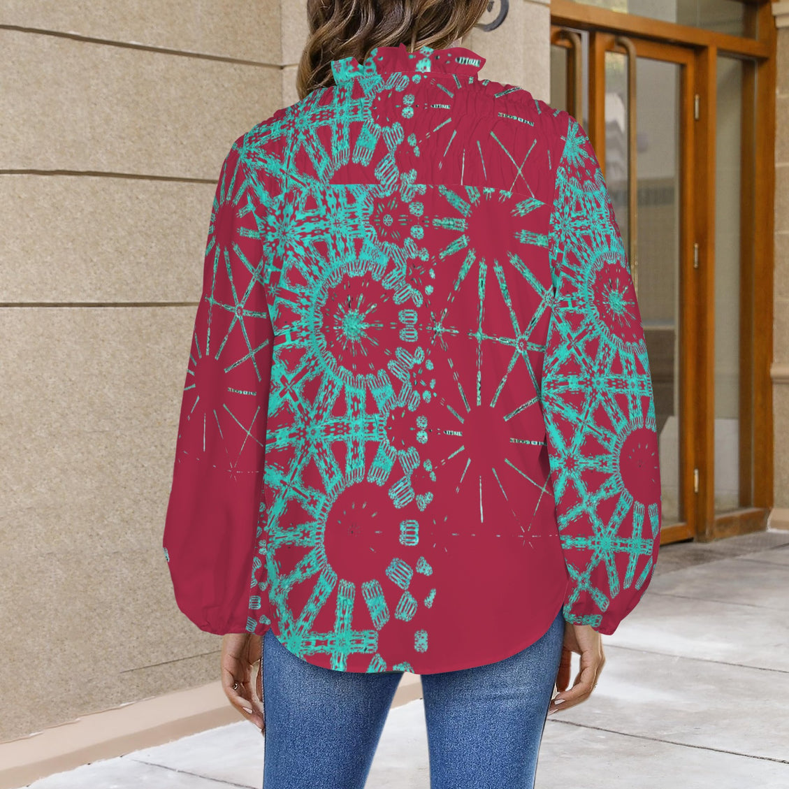 V Neck Long Sleeve Blouse Red and Turquoise Graphic