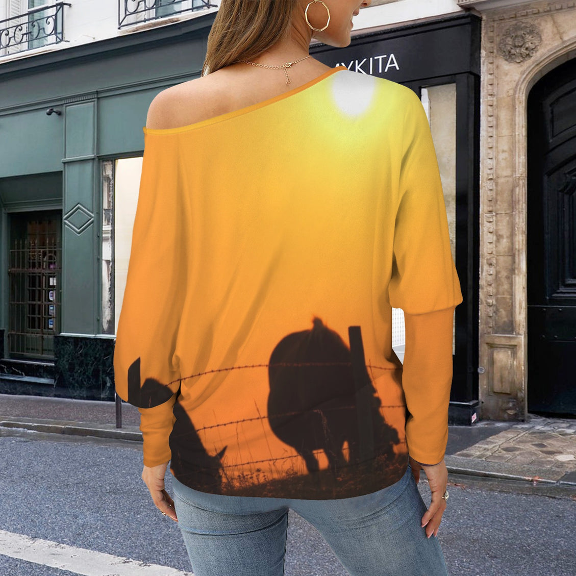 Batwing Long Sleeve Top Horses Fence Sunset