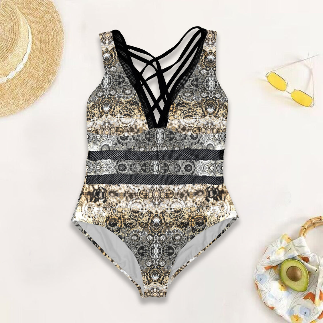 V Neck Mesh One Piece Swimsuit Shimmering Feathers