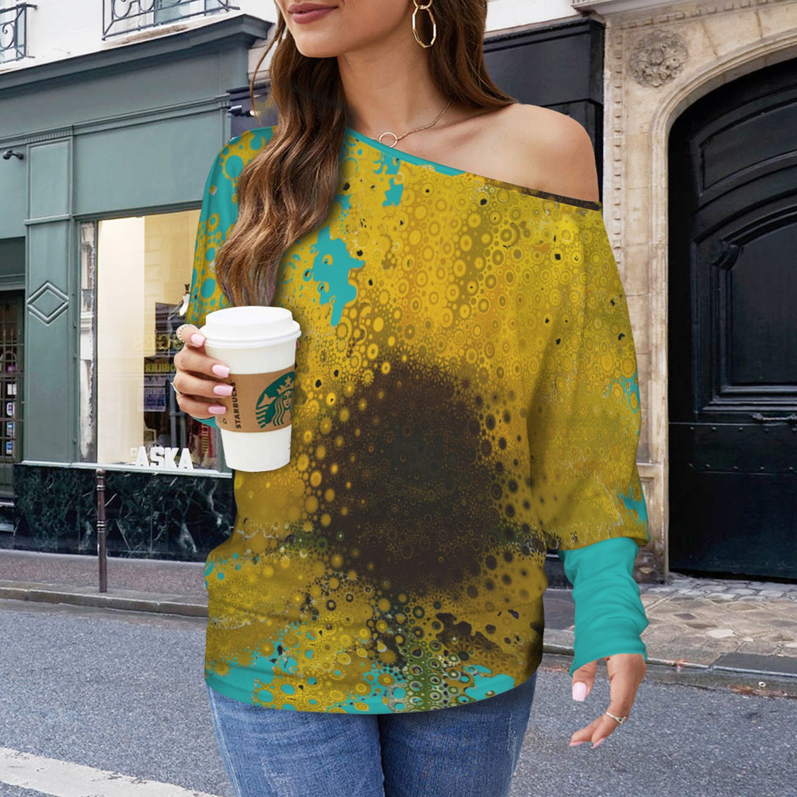 Batwing Long Sleeve Top Sunflower Turquoise