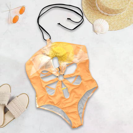 Flower Cut Out One Piece Swimsuit Daisy Watercolor Tangerine