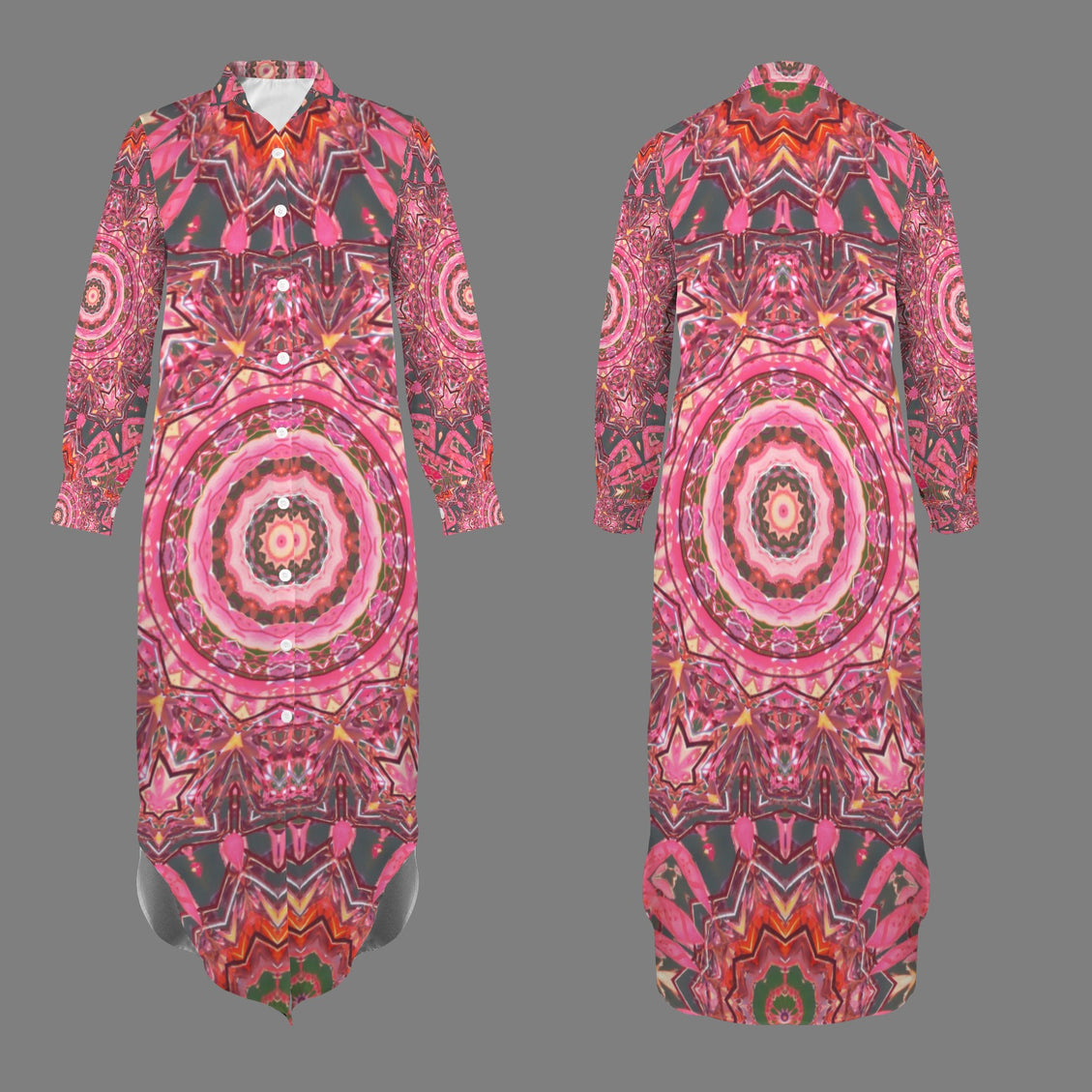 Long Sleeve Shirt Dress Pink Gray Medallion