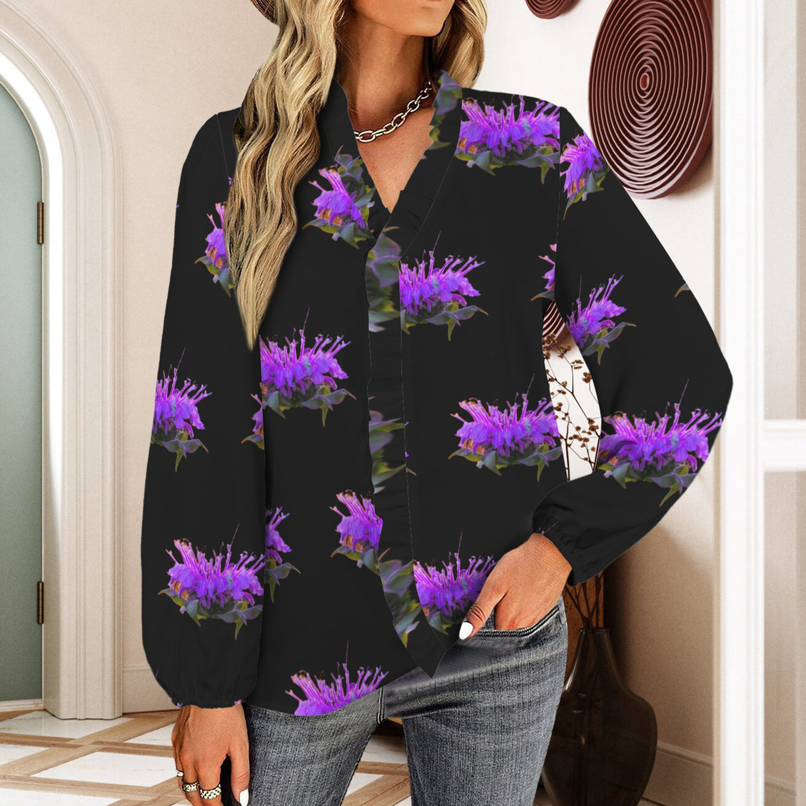 Long Sleeve Ruffled Blouse Bergamot Black