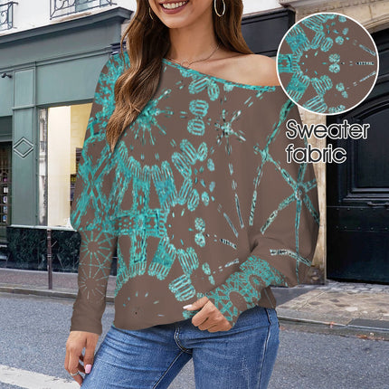 Batwing Long Sleeve Top Chocolate and Turquoise Graphic