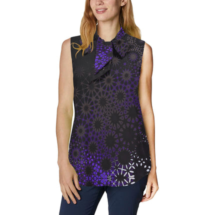 Bow Tie V Neck Sleeveless Blouse Black and Purple Abstract